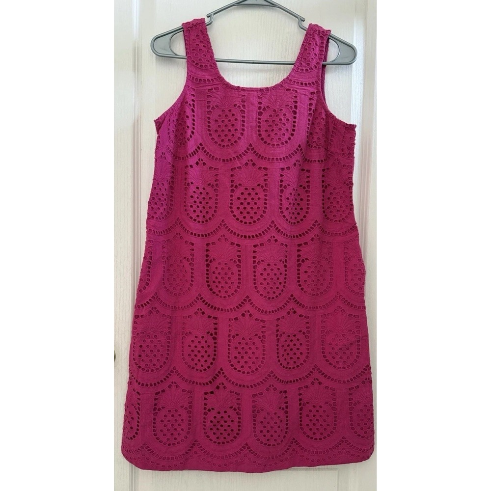 J Jill Dress Eyelet XS Petite Fuchsia Magenta Pink Pineapple Sleeveless Resort
